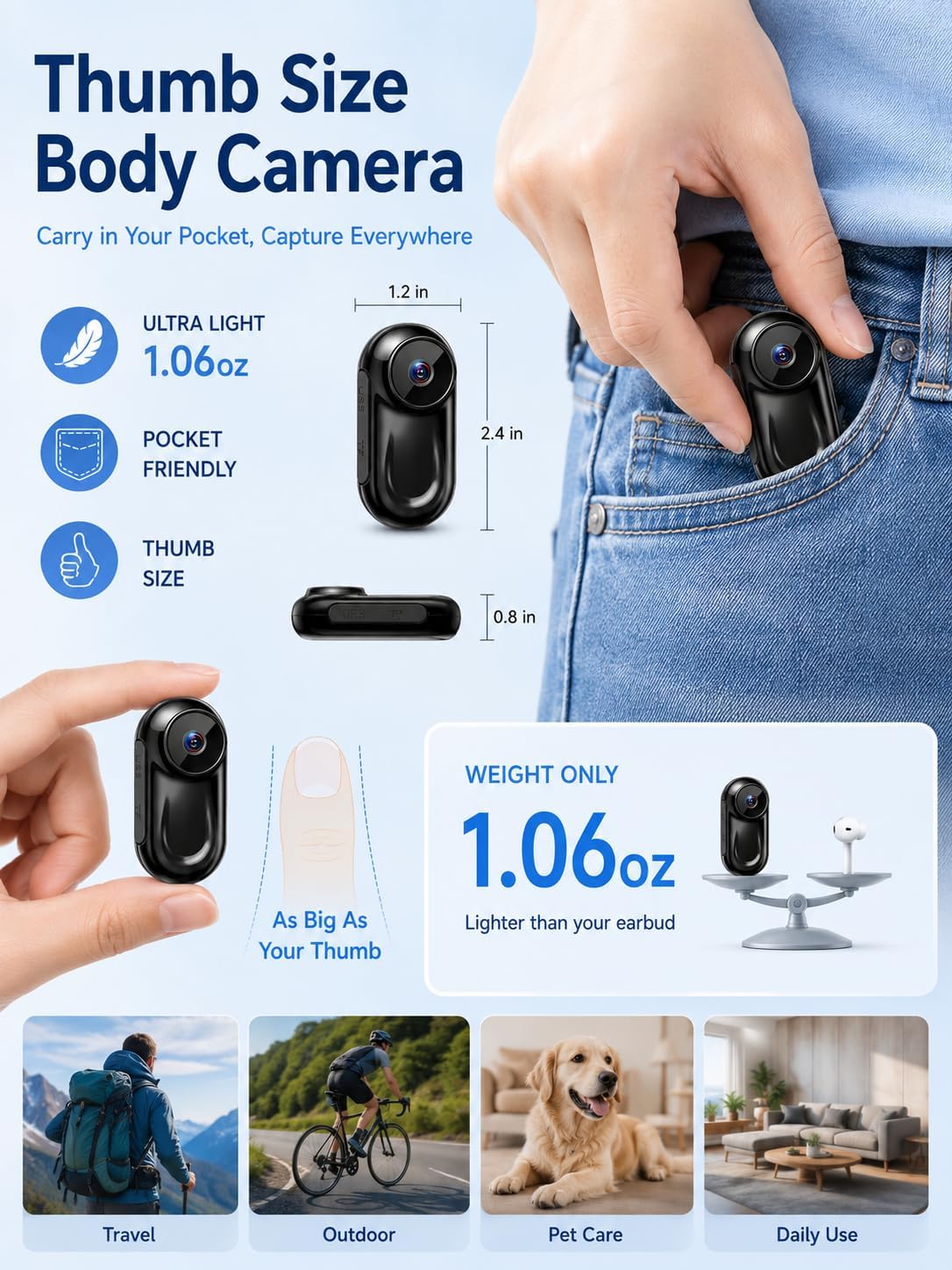 Mini Body Camera 1080P, Small Action Camera, Thumb Camera, Magnetic Wearable Body cam for Hands-Free Recording, Helmet/Bike Mount, Pocket Body Cam for Travel/Sports/Cycling/Vlogging, 64G