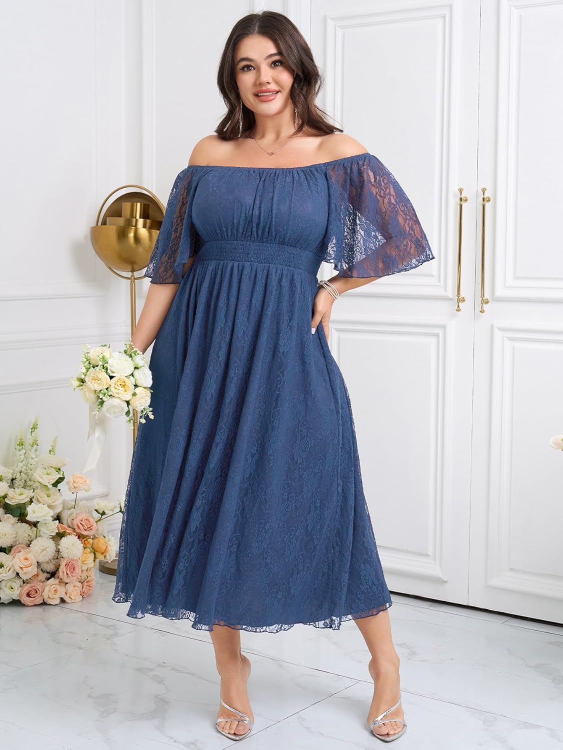 Women's Plus Size Wedding Guest Dress Lace Square Neck Short Sleeve Flowy A Line Formal Maxi Dresses - Image 2