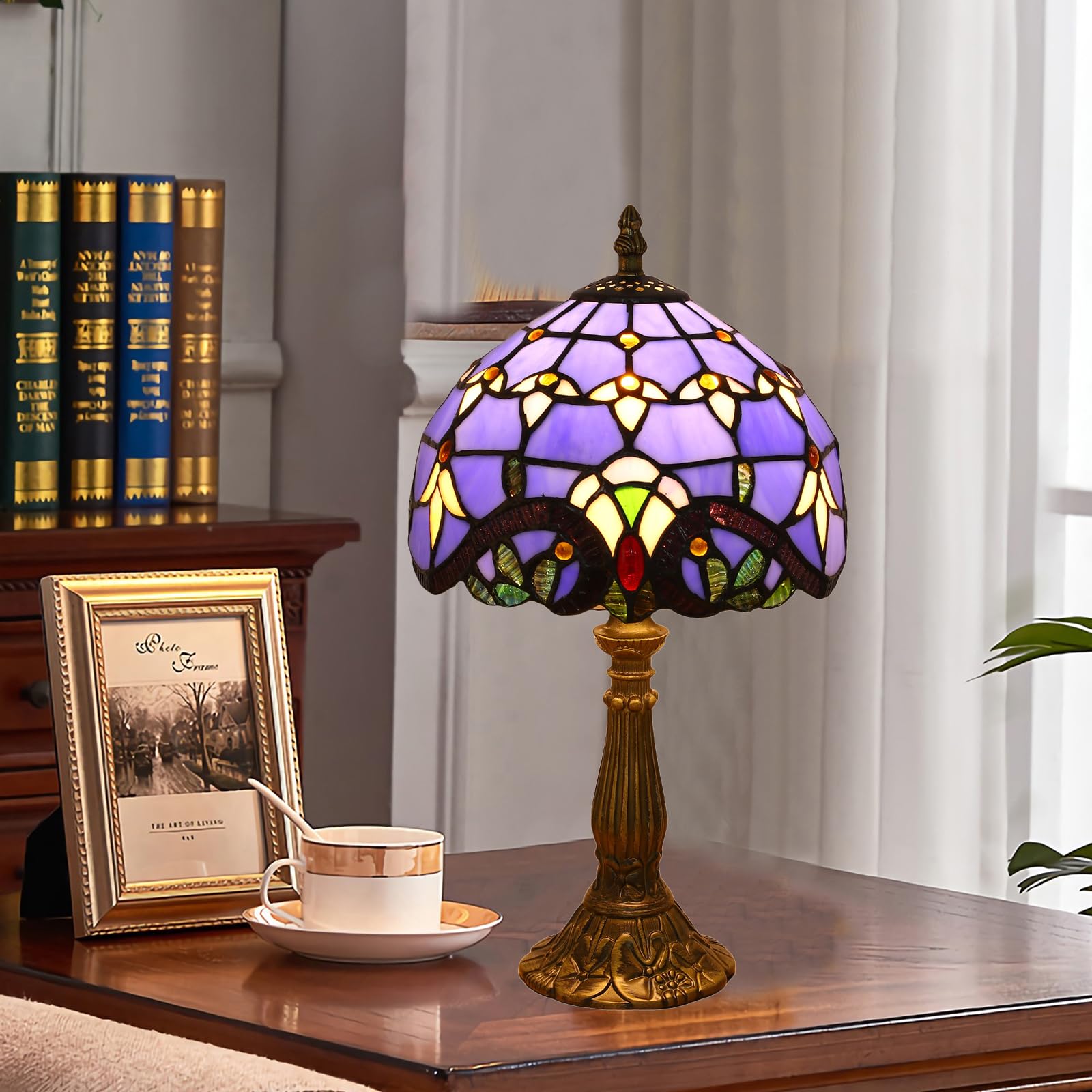 Tiffany Tischlampe, Kleine Retro Lampe, Deko Tischleuchte Nachttischlampe, Handcraft Bunte Glas Lampenschirm, für Schlafzimmer Wohnzimmer Büro