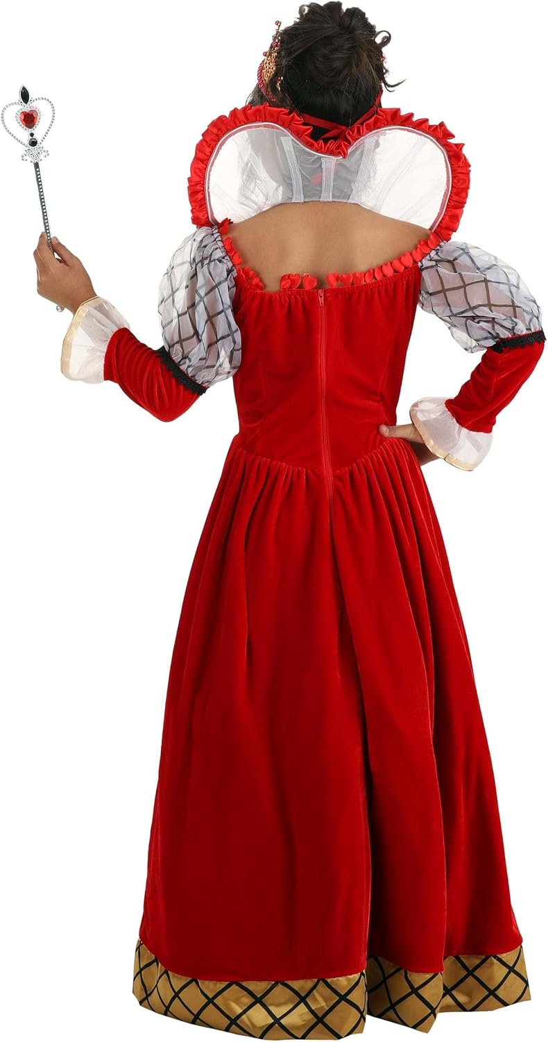 Queen Of Hearts Costume For Girls | Floor-Length Dress With Puff Sleeves And Standing Collar, Crown Included