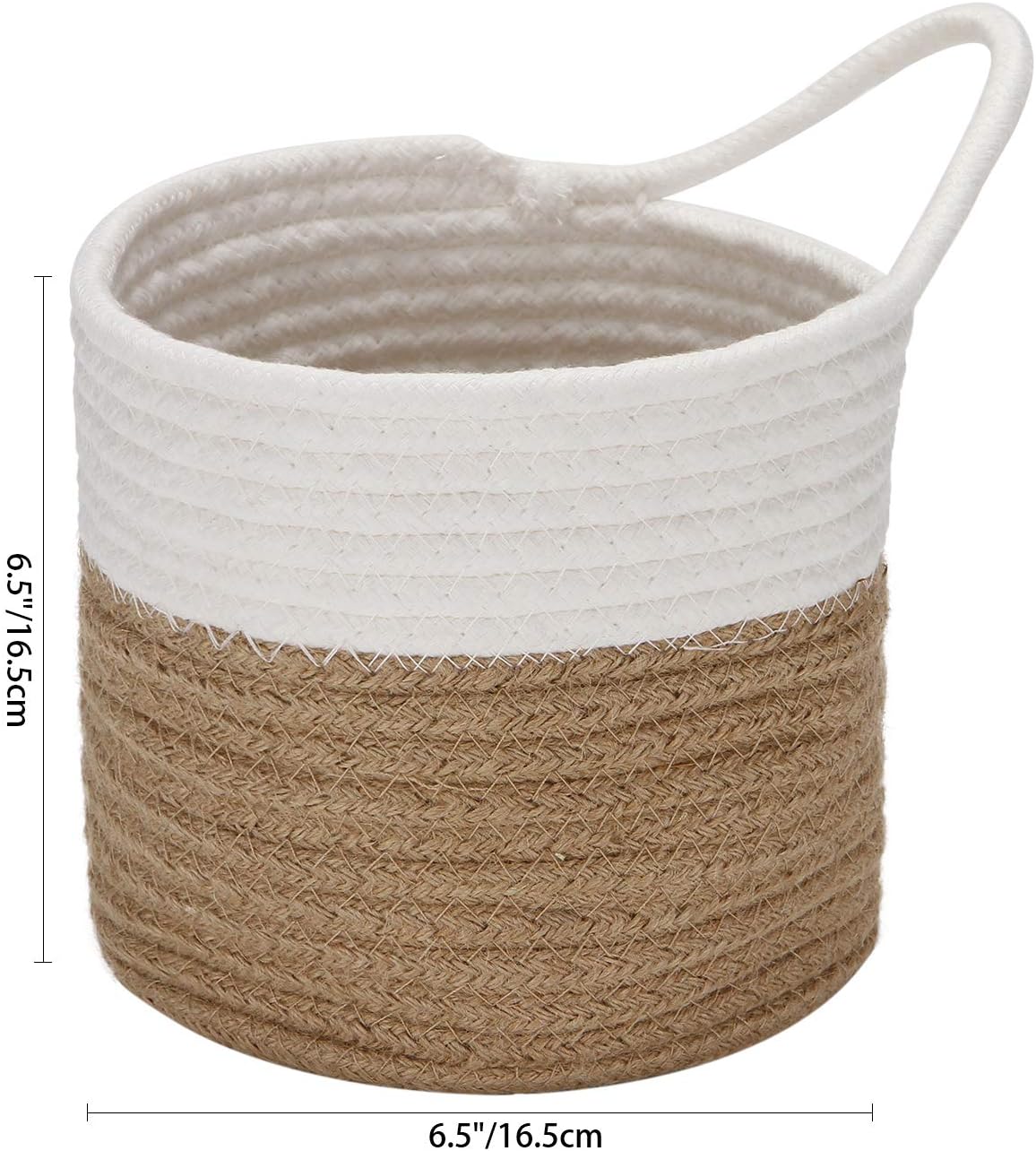 Sea Team 2-Pack Hanging Cotton Rope Baskets, 6.5 Inches Small Woven Storage Basket, Bike Hang Bag, Fabric Planter, Pot, Wall, Door Organizer for Keys, Wallets, Sunglasses, (Flaxen & White)