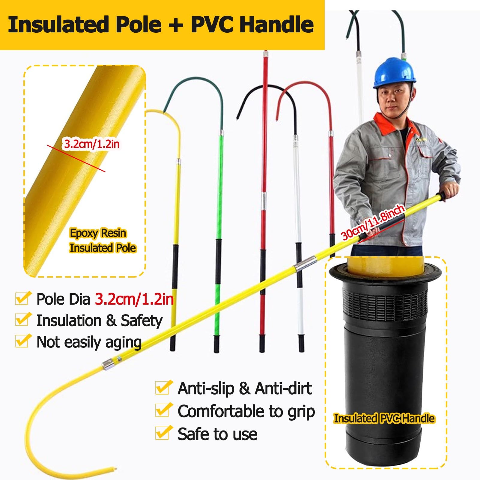 Gancho de Rescate con Mango Aislado Ligero Gancho de Rescate portátil de Alto Voltaje Aislado, Gancho de Rescate Corporal Comercial Ligero/Palos/Postes de Rescate de Emergencia para electroc