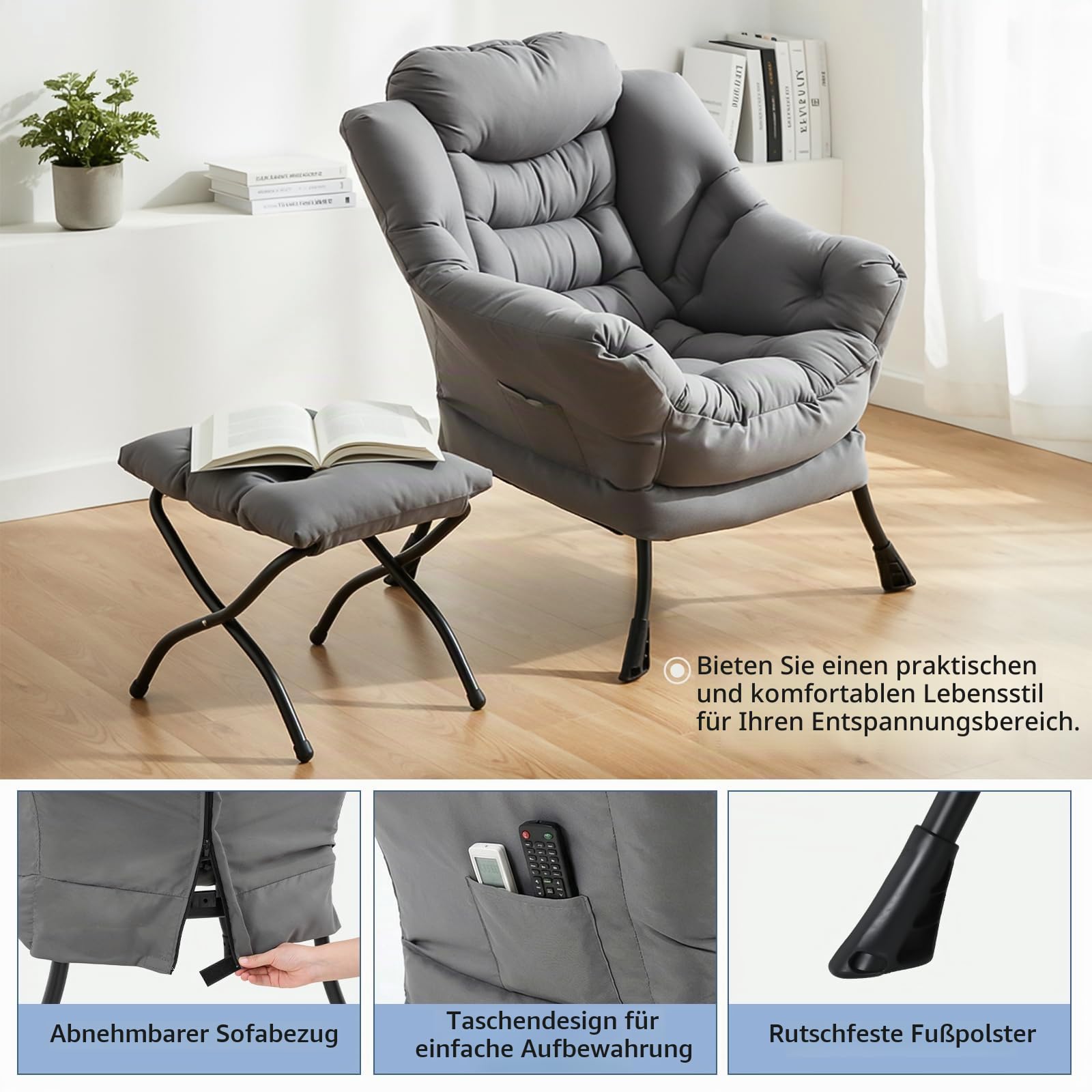 Clevich Relaxsessel mit Hocker, ergonomischer Sessel Wohnzimmer, Dunkelgrau