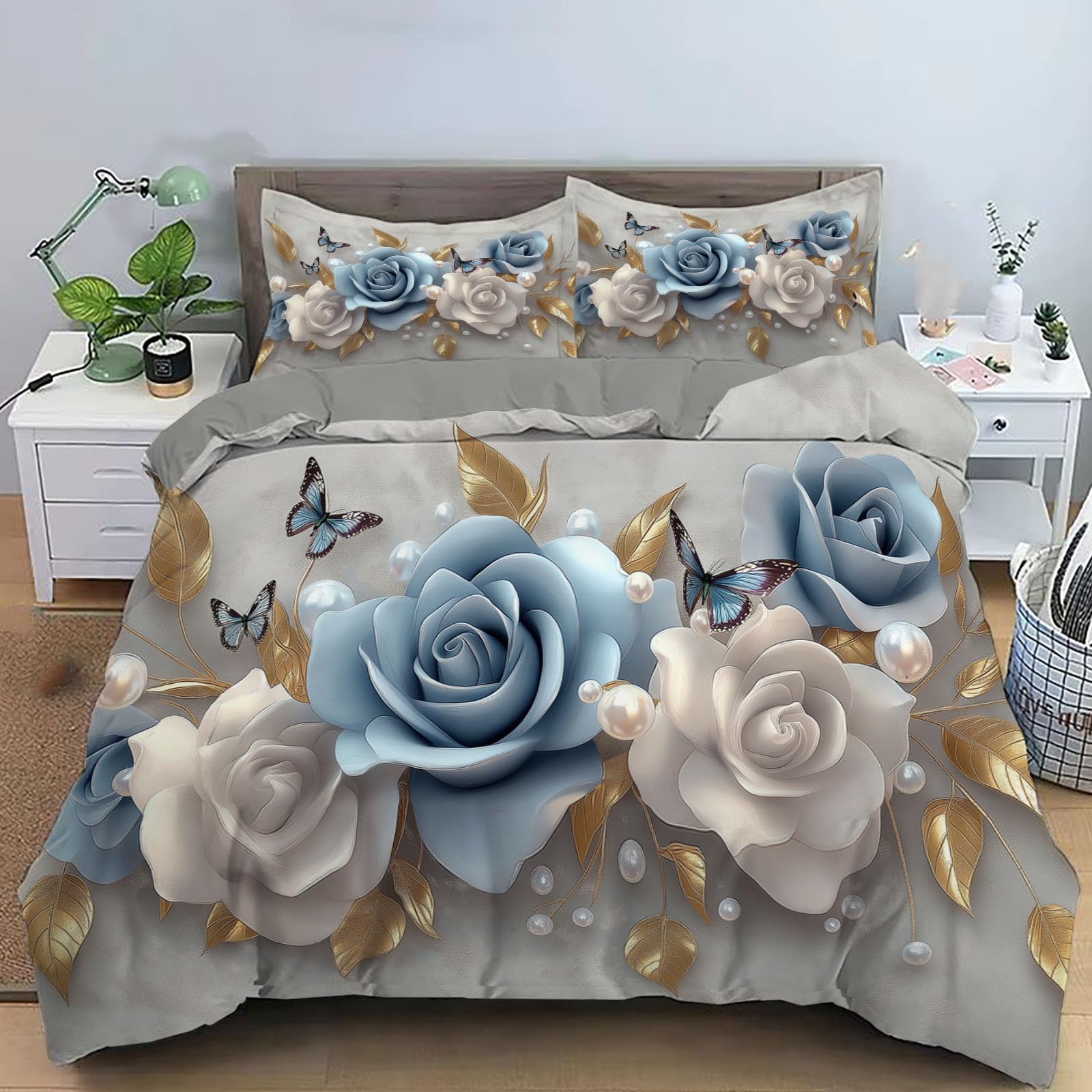 Housse de couette 220x240cm rose et gris parure de lit réversible pour enfant avec taies d'oreiller