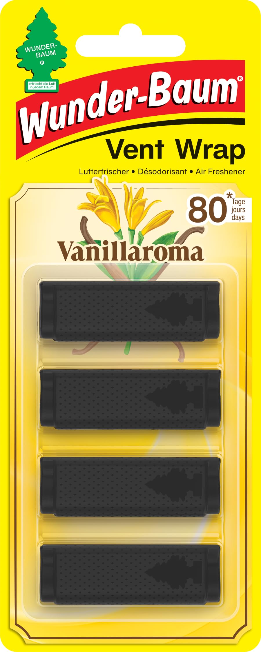 Wunder-Baum Vent Wrap | Lufterfrischer fürs Lüftungsgitter | Bietet langanhaltenden Duft | Unauffälliges Design | Vanilla, 4 Stück