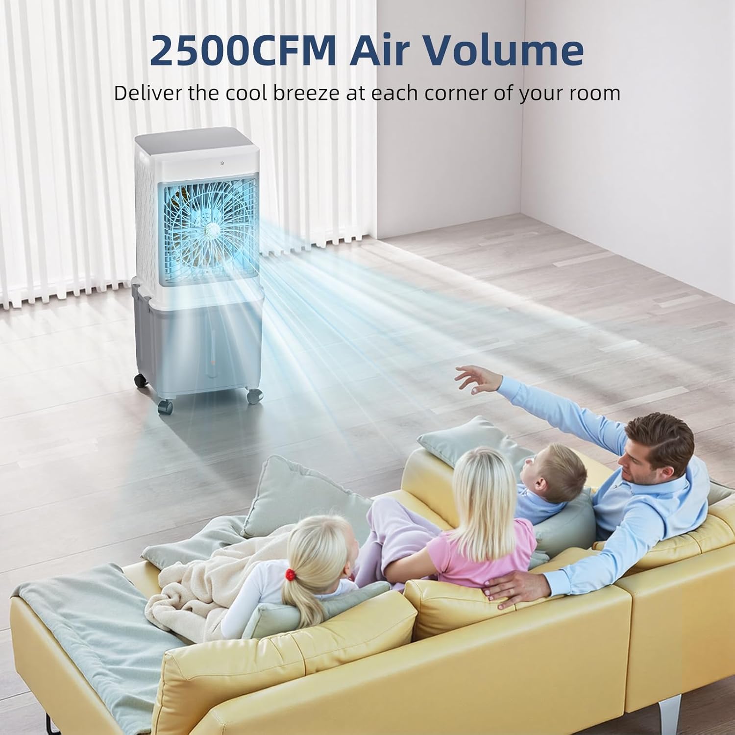 Flymoon Upgraded Cooling Technology 10 Gallon Portable Evaporative Cooler, featuring 120° oscillation, a 7-hour timer, a remote control, and a removable water tank. Includes free aroma diffuser pad.