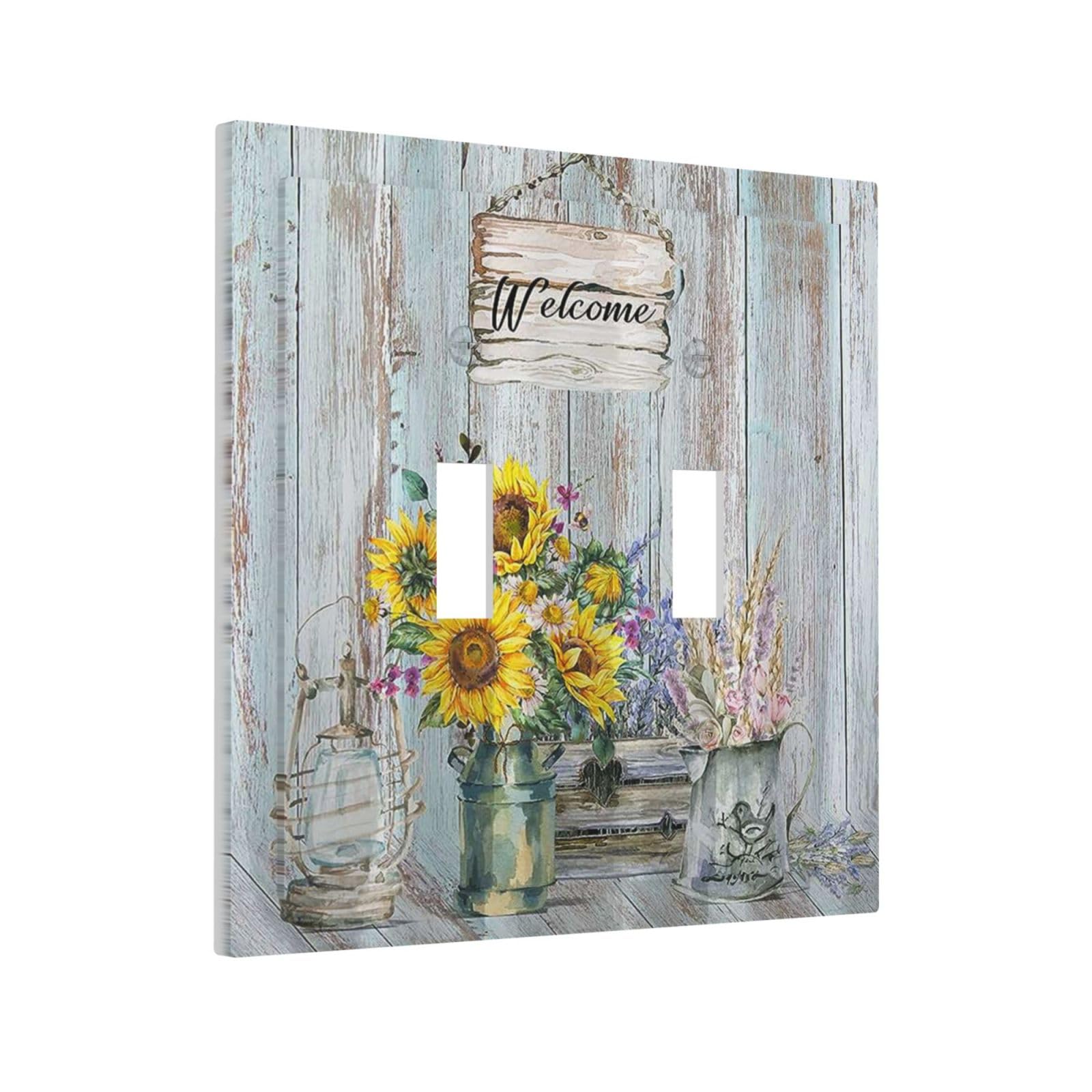 Sunflower Vintage Barn Wooden 2 Gang Light Switch Plate Cover Sun floral Double Toggle Wall Plate Decorative Switchplate Electrical Faceplate