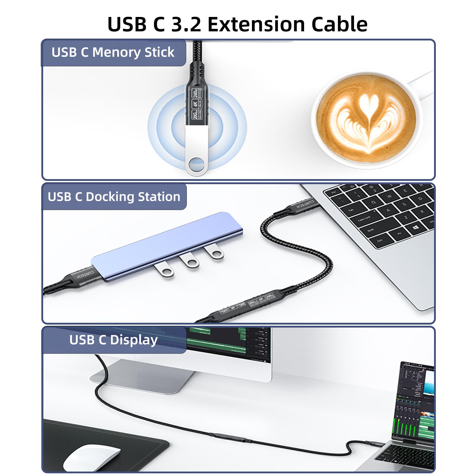 Cavo di prolunga USB C 3.2 da 20 Gbps, confezione da 2, ricarica rapida da 240 W 4K a 60 Hz, trasferimento dati 20 Gbps per Thunderbolt 4/3, per iPhone 15, iPad, Samsung Galaxy S24/S23, telefono,
