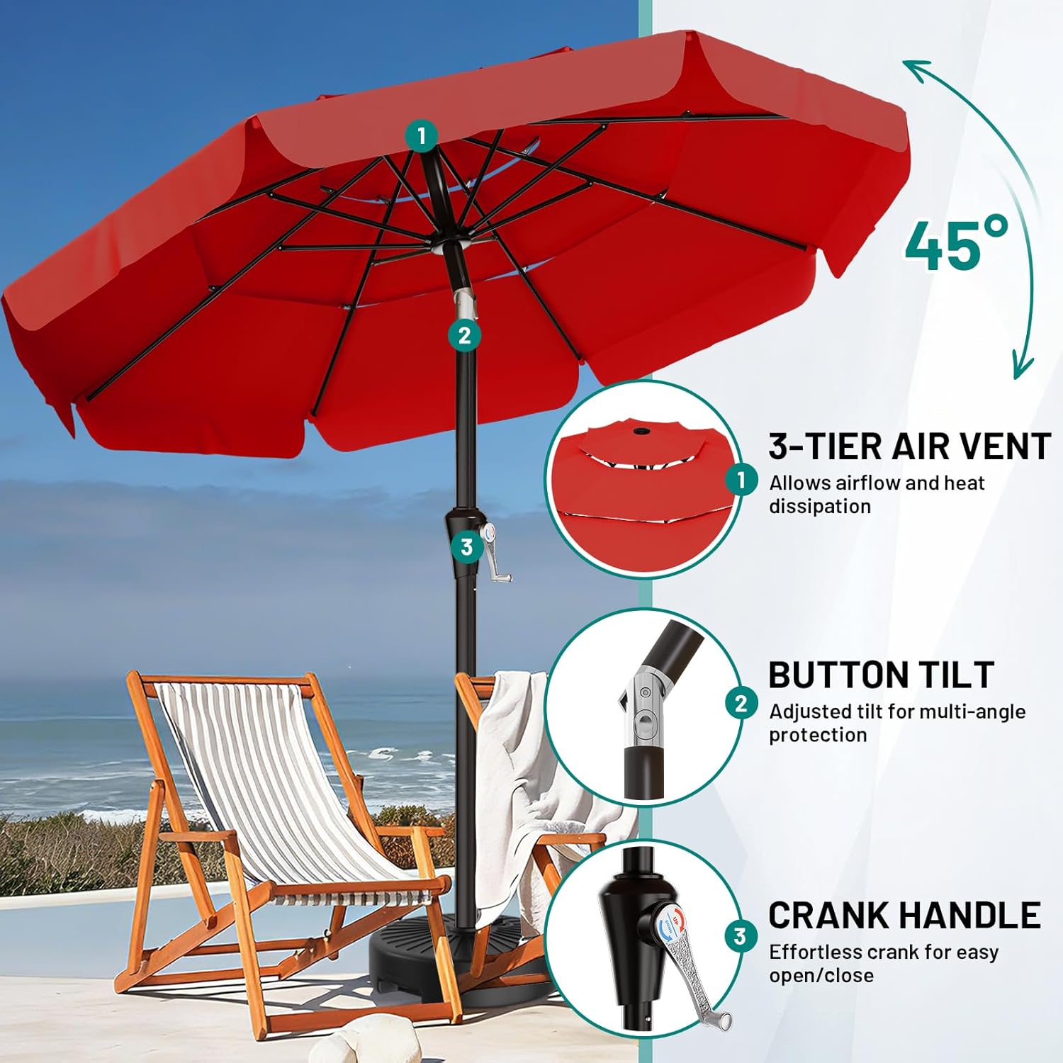 AreShark 10FT 3-Tiers Patio Umbrella with Valance, Outdoor Umbrellas with Crank/Tilt, Table Market Umbrella Vented w/ 8 Sturdy Ribs for Garden, Deck, Backyard, and Pool, Red