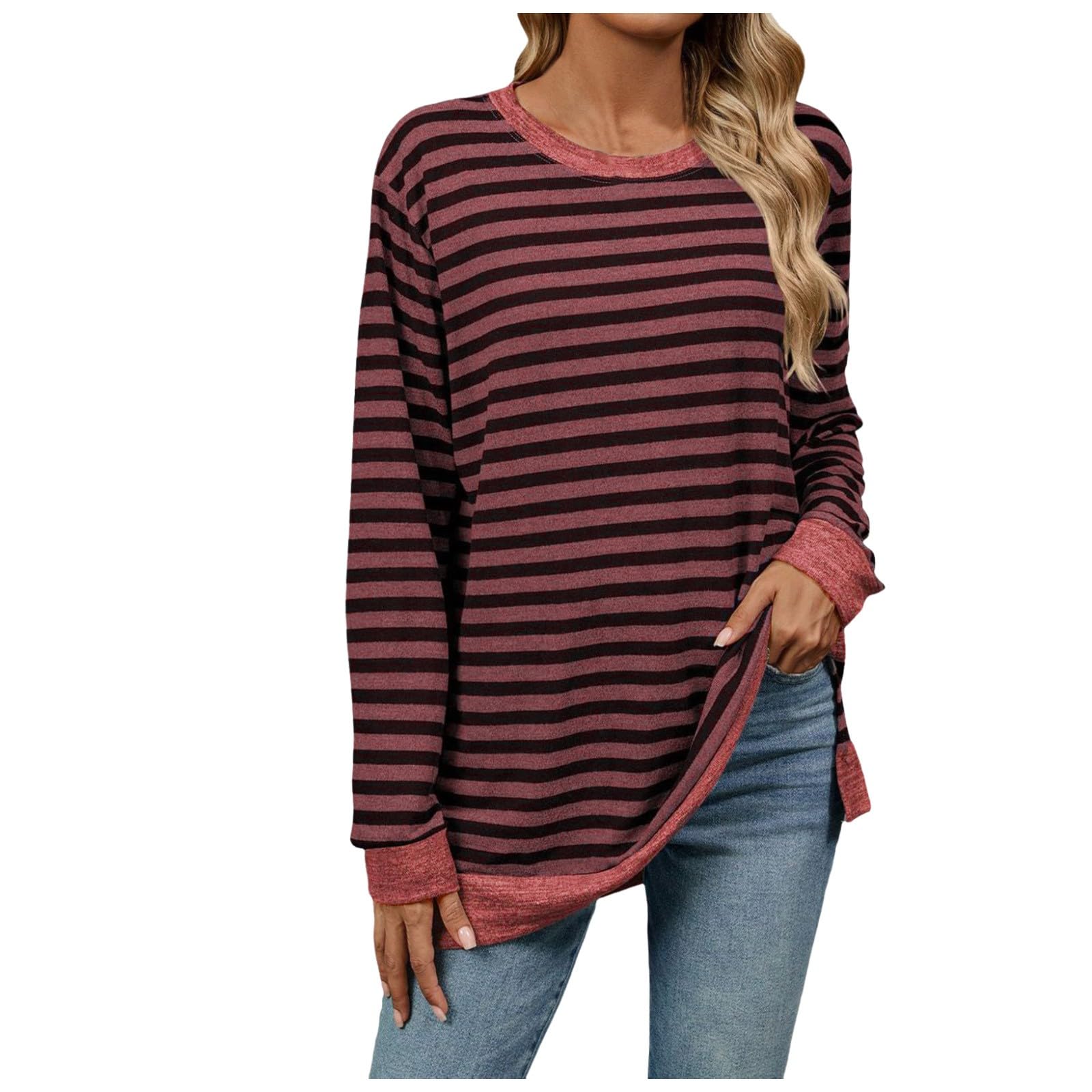 Disfraz de palomitas de maíz Conjunto de moda para mujer Casual e Invierno Cuello Redondo Camiseta a Rayas Manga Larga Blusa Top