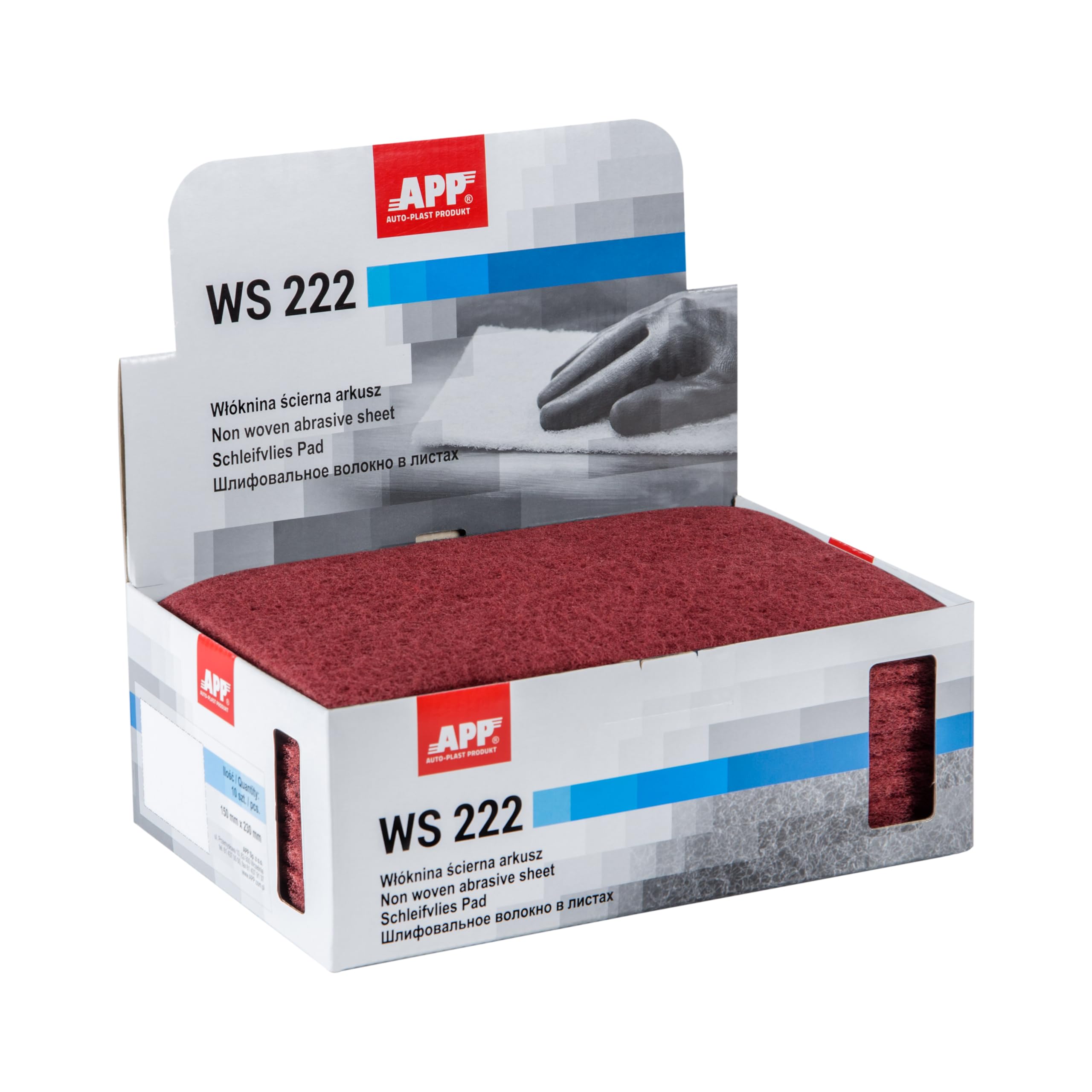 APP WS 222 Estropajo abrasivo no tejido, paquete de 10 (150 x 230 mm), rojo | Abrasivo de vellón grano grueso 320-360 para lijar madera, metal y acero inoxidable