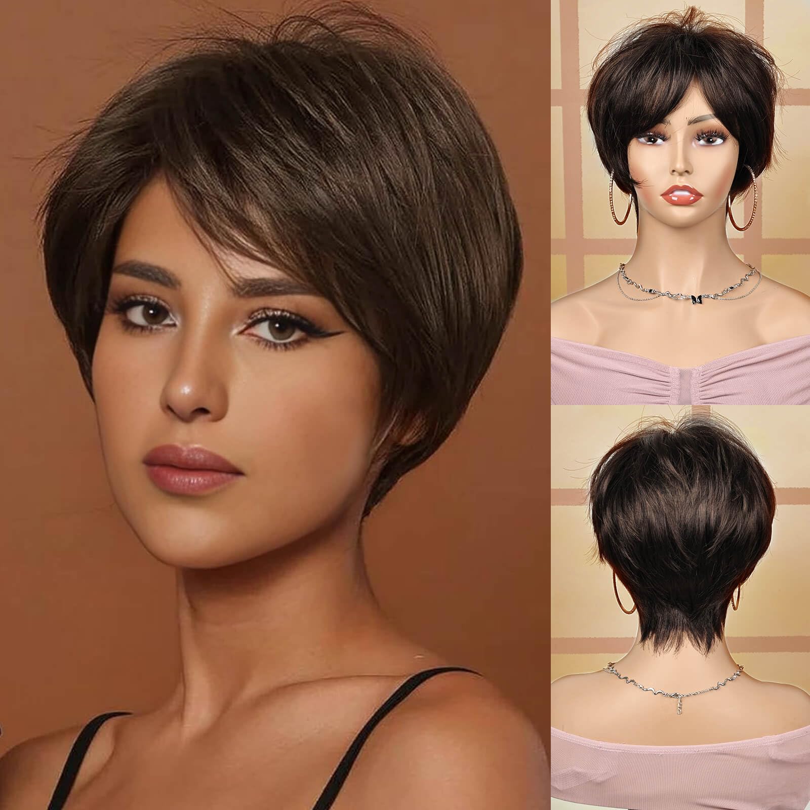 Creamily Short Straight Hair Wig for women Full head Natural,Pixie Cut Full head Hair Wigs for women, Ladies Wig Old women Wig Chemo Wigs for women (Brown, 9 inches)-image-4
