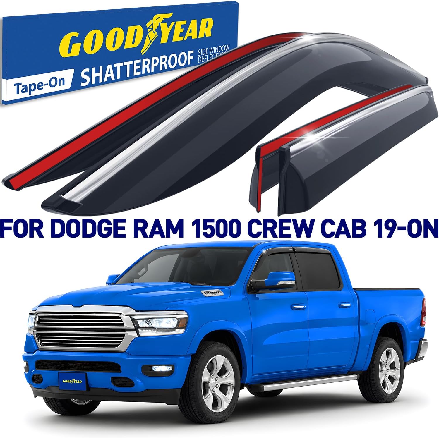 Condition photo showing New/Like New for goodyear chrome trim window deflectors for dodge ram 1500 2019-2026 crew cab, shatterproof tape-on rain guards, window visors, vent deflector visor,car accessories, 4 pcs - gy008852