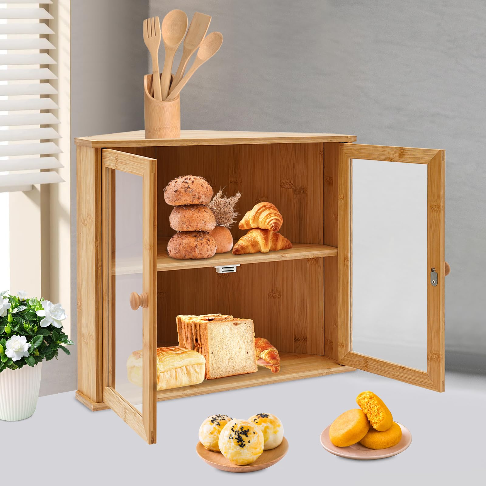 キティー☆*。木製ディスプレイケース。 ・ ୨ৎ . * Amazon.com: kunghei Wood Acrylic Dessert Bread Box Cabinet