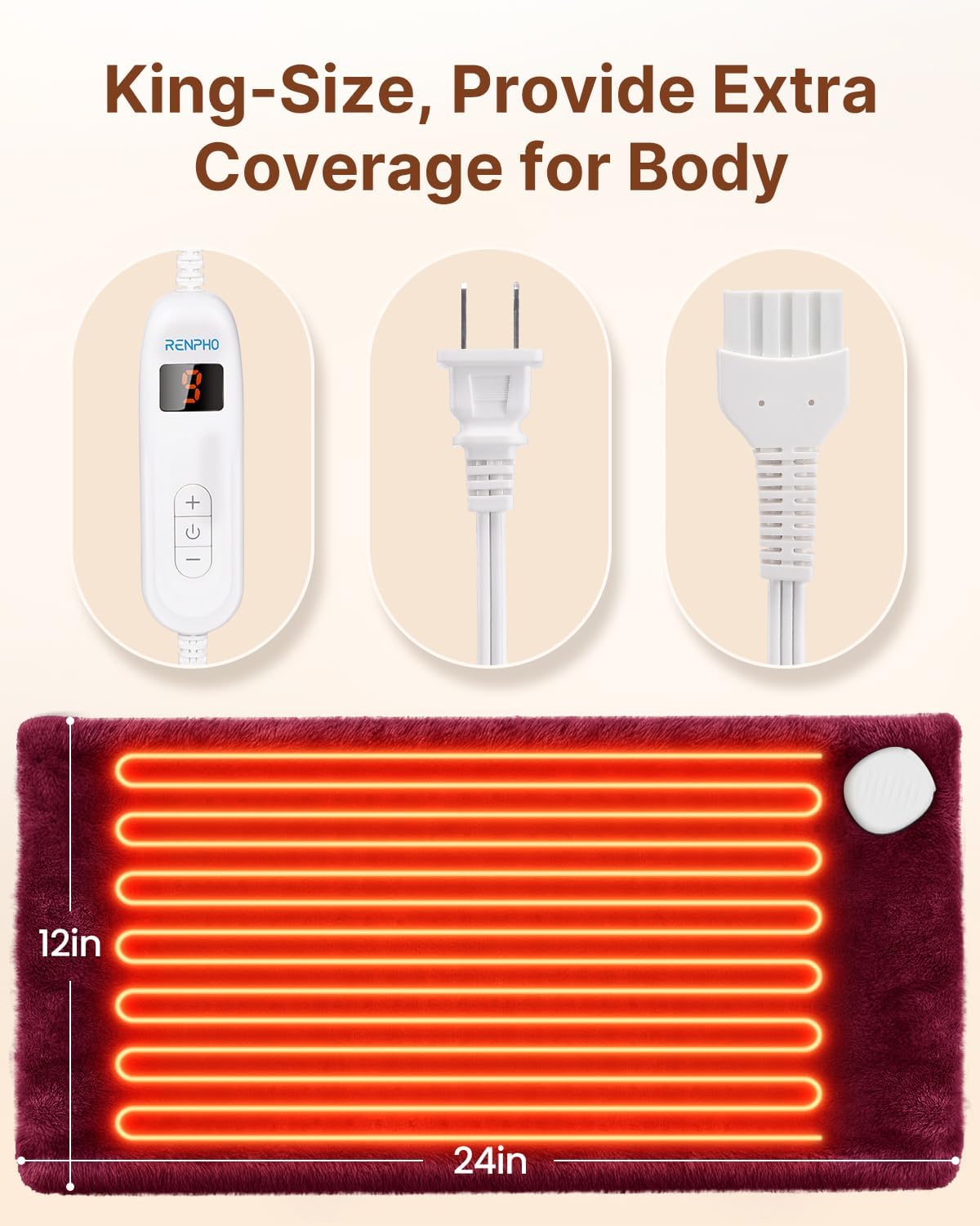 RENPHO XL Electric Heating Pads, King Size Heating Pad for Back Pain & Cramps Relief, FSA Eligible HSA Store, Mothers Day Gifts for Mom Wife, ETL Certified, Auto Shut Off, 12" x 24" Red