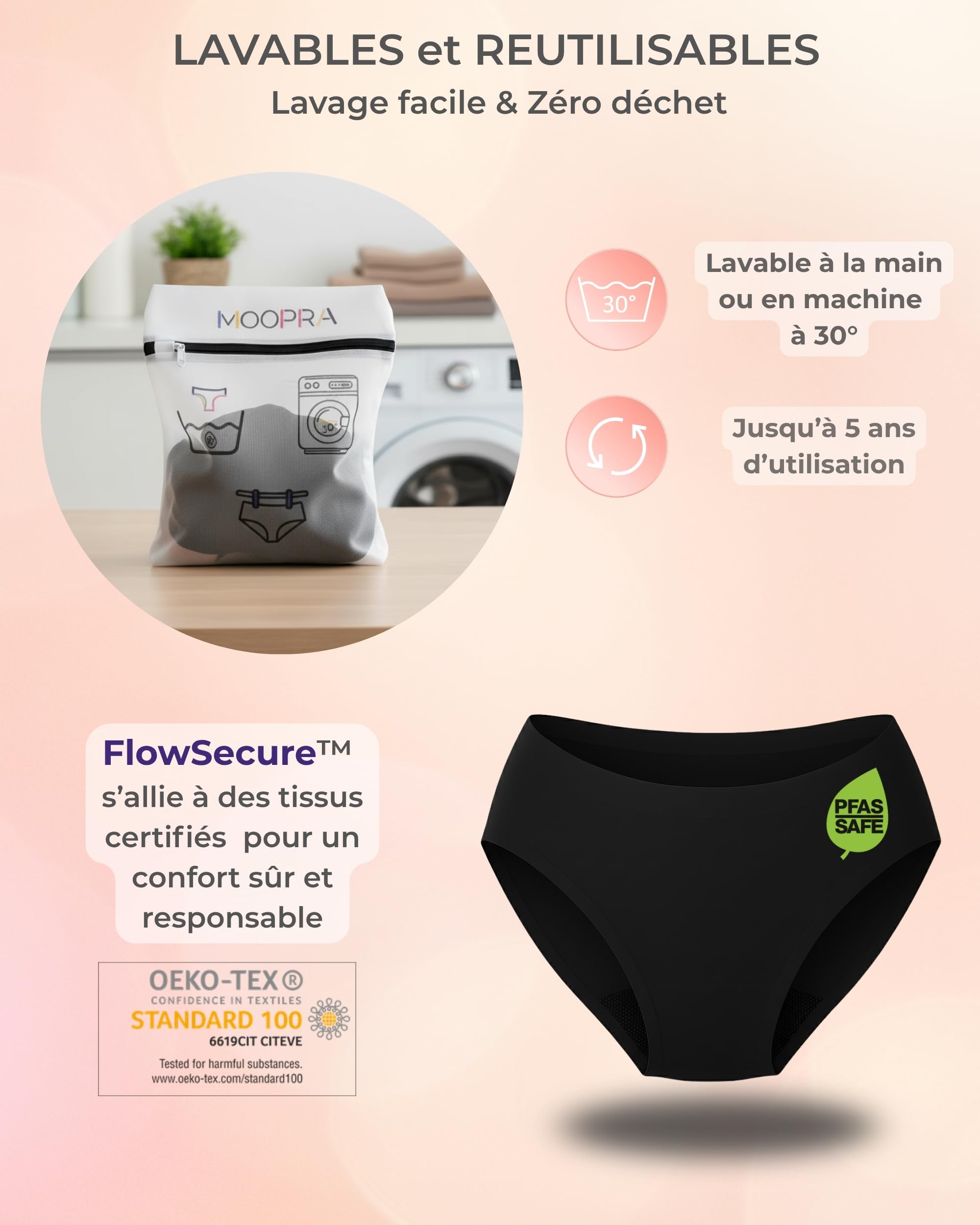Lot 3 Culottes Menstruelles Sans Coutures | Effet Seconde Peau Invisible Seamless | 4 Couches Ultra Absorbantes avec Bords Renforcés Anti-Fuites | Culottes de règles Lavables Réutilisables & OEKO-TEX