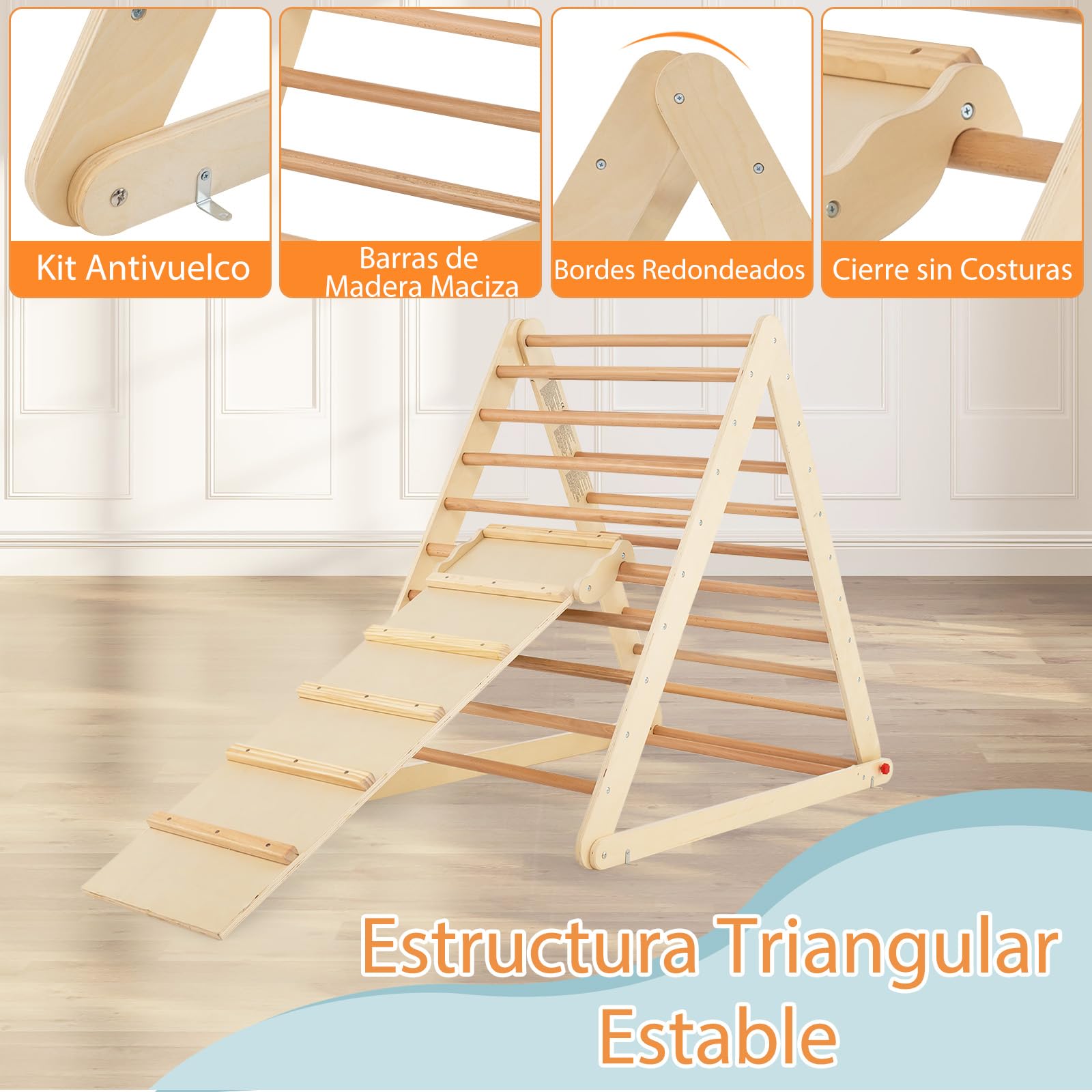 COSTWAY Escalera de Madera Triangular, Escalera Triangular Plegable con Rampa para Escalar y Deslizar, Escalera de Interior con Estructura Triangular para Casa Guardería para Niños y Niñas (Natural)