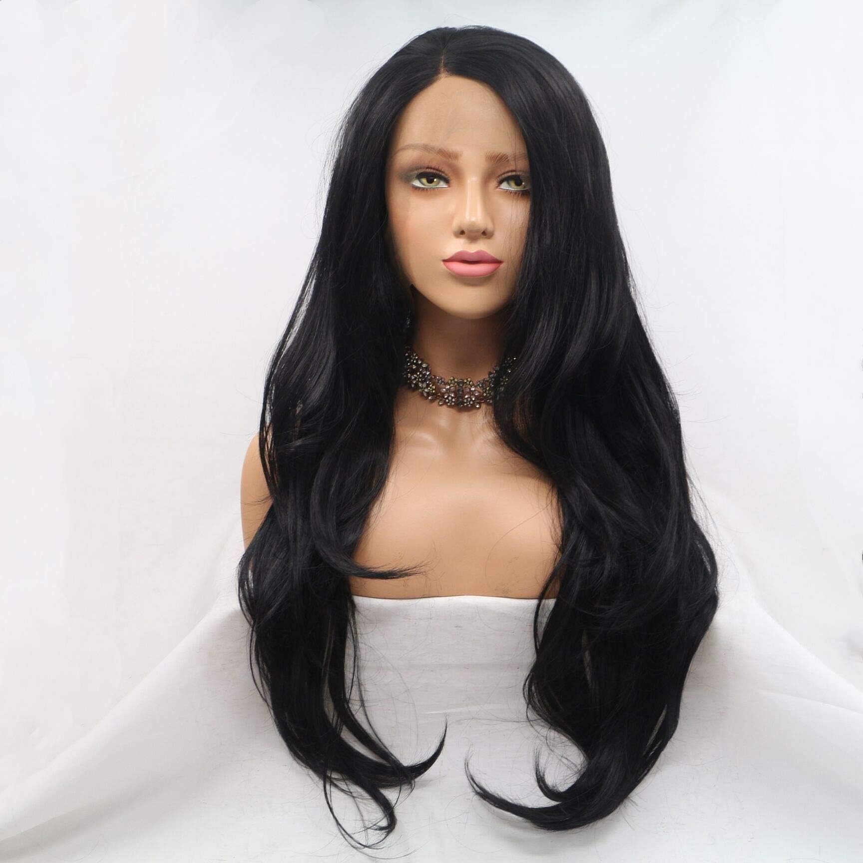ELESTYLong Wavy Lace Front Wig For Women Natural Looking Heat Resistant Black Synthetic Hair Wigs 24Inch