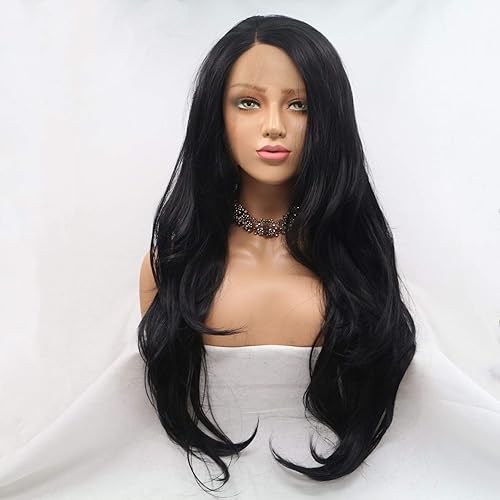 Lucyhairwig Peluca larga ondulada de encaje sintético frontal, sin pegamento, morada, de fibra resistente al calor de alta temperatura, peluca para