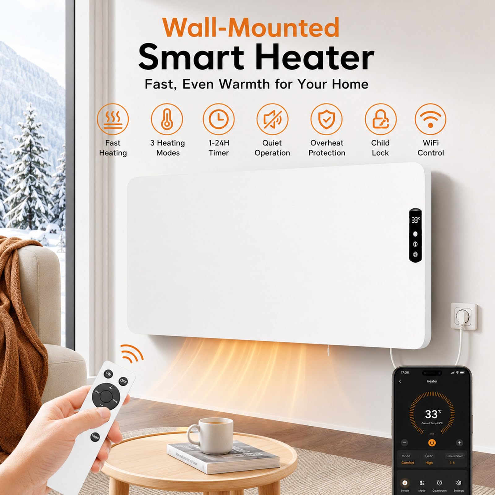 Calefactor Eléctrico de Pared con Control Remoto para Oficina y Hogar 600W