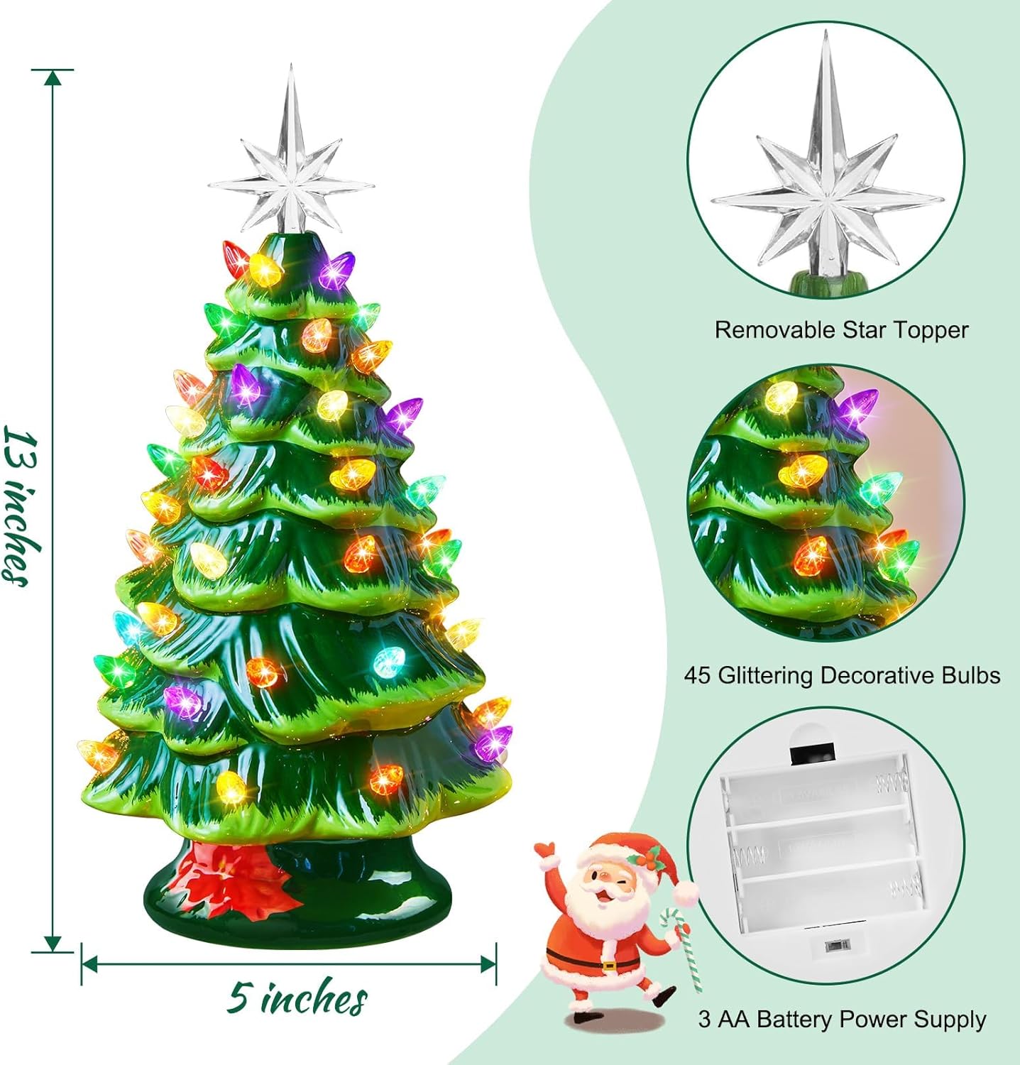 Brightown 13 Inch Ceramic Christmas Tree, Pre-lit Tabletop Christmas Tree with Multicolored LED Lights, Battery Operated Vintage Lighted Ceramic Tree for Home Office Table Holiday Decorations, Green
