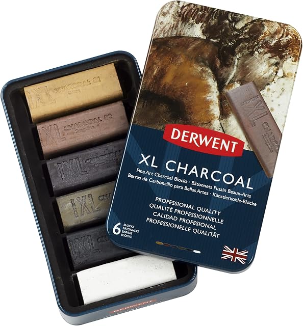 Derwent XL Charcoal Drawing Blocks, Set Of 6, Water-Soluble, Ideal For Layering, Professional Quality, 2302009