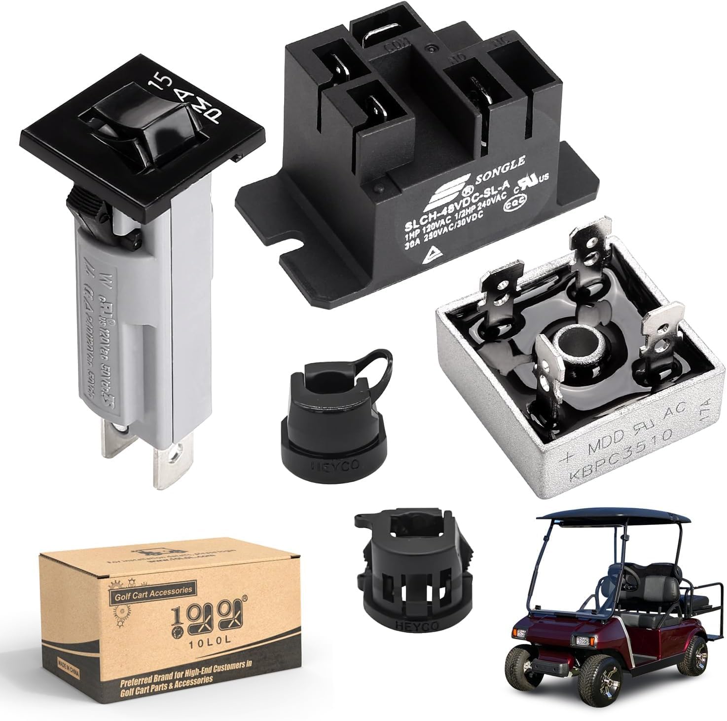 10L0L Golf Cart Battery Charger Repair Kit for Club Car 48V PowerDrive 2,OEM# 22110, Include 30A Relay, Diode Rectifier and Circuit Breaker