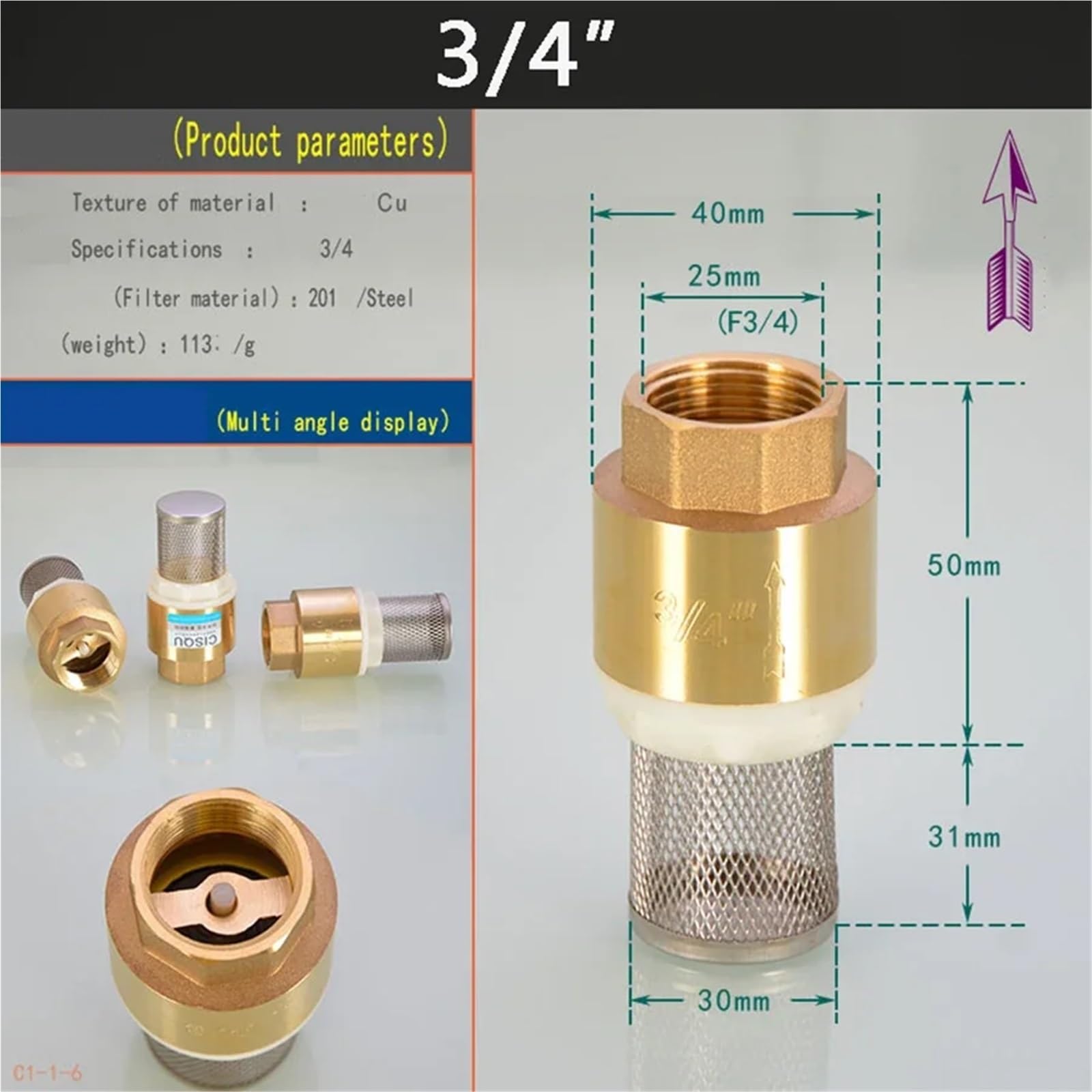 Mosiężny zawór zwrotny 1/2", 3/4", 1", 5 sztuk, z filtrem stalowym do pompy wodnej i hydrauliki (1 (stalowa siatka))