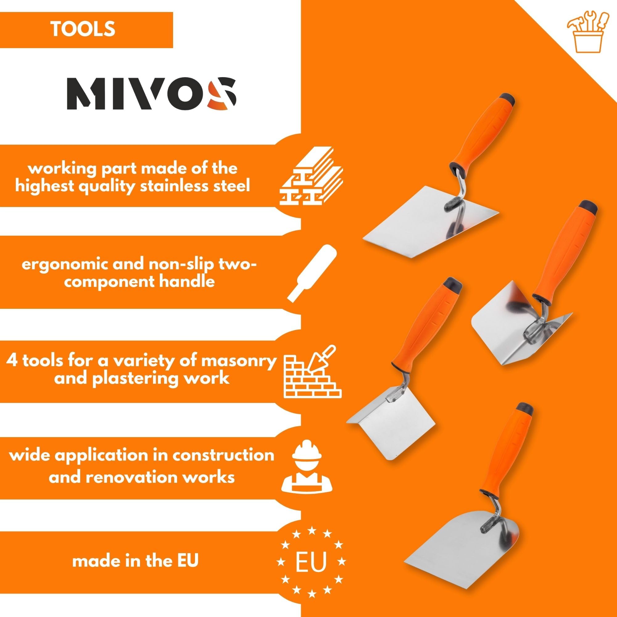 Mivos Set of 4 Stainless Steel Paddle 80 x 60 mm 120 x 128 mm Trapezoid Trowel 160 x 75 mm Stainless Steel Paddle Set Soft Handle Made in EU - Image 2
