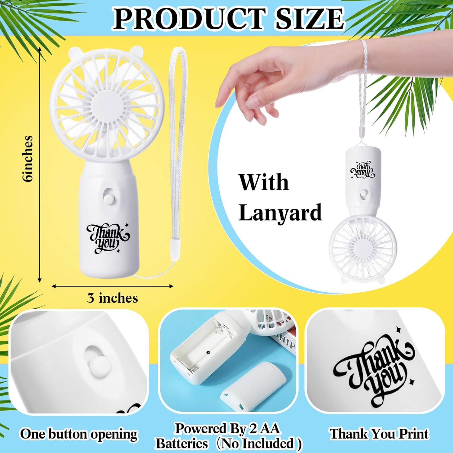 36 Pcs Mini Portable Handheld Fan – Battery Operated Electric Hand Held Fan with Lanyard, Travel, Wedding, Party Favor, Thank You Gift for Guests, Cheerleading Gift(White)