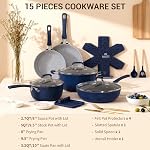 Ammeloo 15-Piece Ribbed Ceramic Cookware Set, Pots and Pans Set Non Stick, Induction Ready, Healthy Non Toxic Kitchen Cooking Set PFAS/PFOA/PTFE-Free, Silicone-Wrapped Stay-Cool Handle Navy Blue