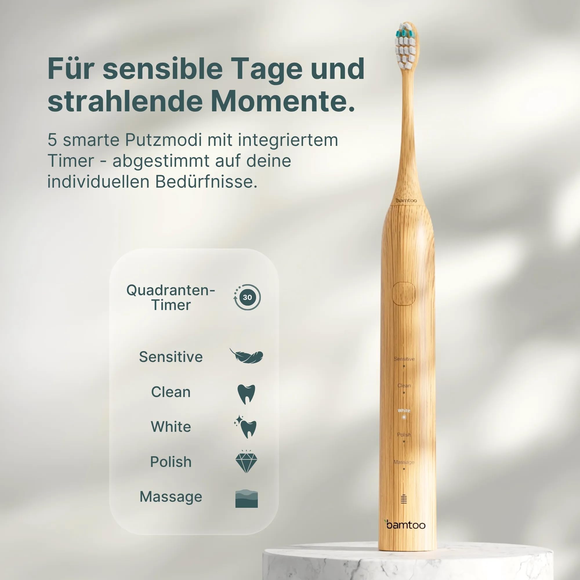 Schallzahnbürste KOA V2 Pro - elektrische Zahnbürste mit über 8 Wochen Akkulaufzeit & 5 Reinigungsmodi - inkl. Bambus-Bürstenkopf, Reiseetui & Smart-Timer - 2 Jahre Garantie - bamtoo