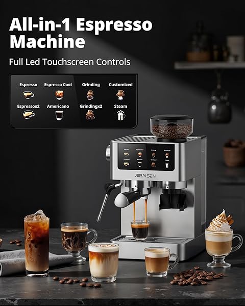 AIRMSEN Espresso Machines with Burr Grinder, 20 Bar, Milk Frother Steam Wand, Stainless Steel Coffee Maker for Home - Cappuccino Latte & ​​Cold Brew​​ Iced Coffee Maker & Americano - 2