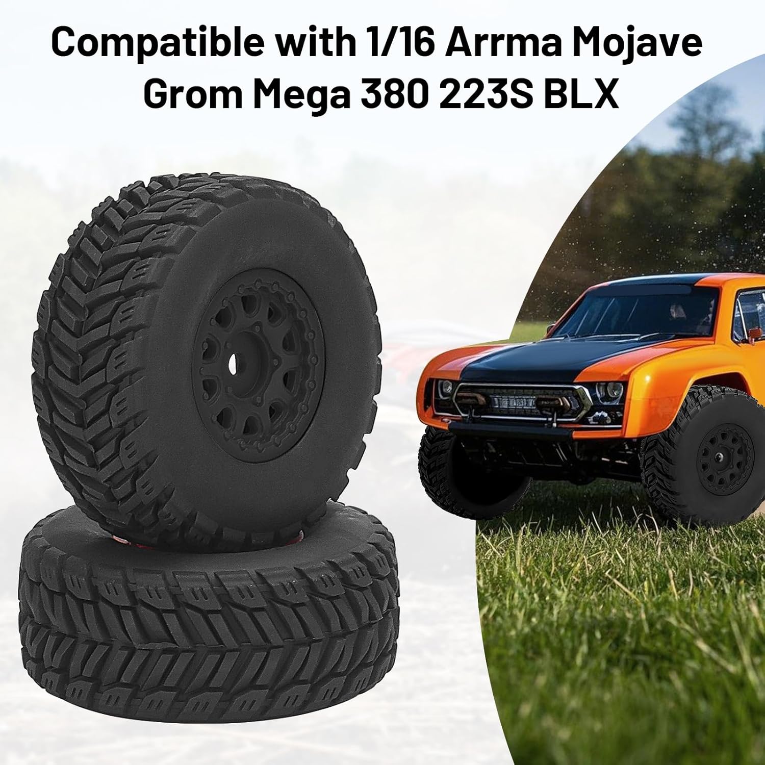 1/16 RC Wheels and Tires, daitoku 12mm Hex RC Car Tires for Arrma Mojave Grom Mega 380 223S BLX 1/16 RC Car (Style B) - Black