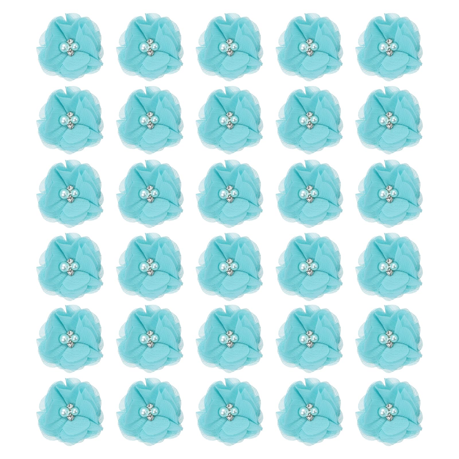 PATIKIL 2 Inch Chiffon Flowers, 30 Pcs Rhinestone Pearl Sewing Fabric Flowers Artificial Appliques Embellishments for Clothing Wedding DIY Craft Headbands Decor, Teal
