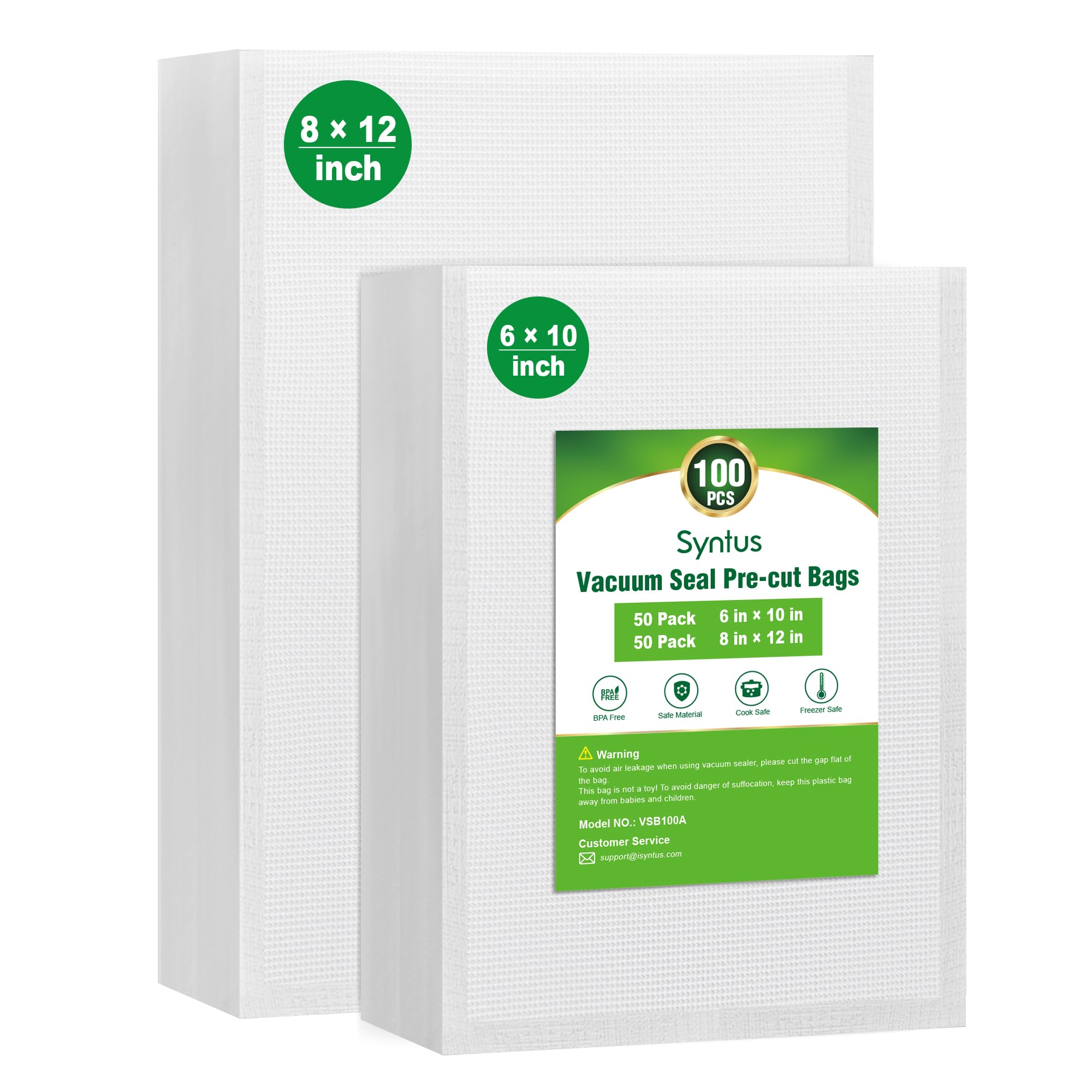 Syntus Vacuum Sealer Bags, 100 Quart 8" x 12" and Pint 6" x 10" Commercial Grade PreCut Bag, BPA Free Food Vac Bags for Storage, Meal Prep or Sous Vide