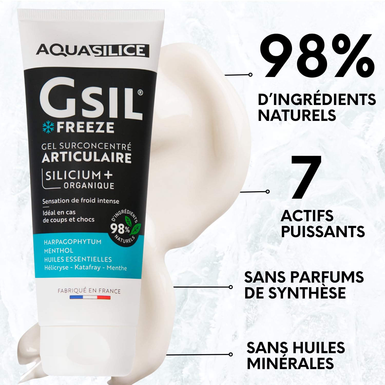 GSIL Freeze - Gel de Massage Effet Froid 200 ml - Soulage Tensions Musculaires & Articulaires, Coups & Chocs - Silicium Organique, Harpagophytum, Menthol & Huiles Essentielles - Fabriqué en France