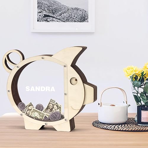 Miniatura 7 de Alcancía de madera Boalord para niños, niñas, niños y adultos, transparente, dinero real, monedero, regalos para niños pequeños