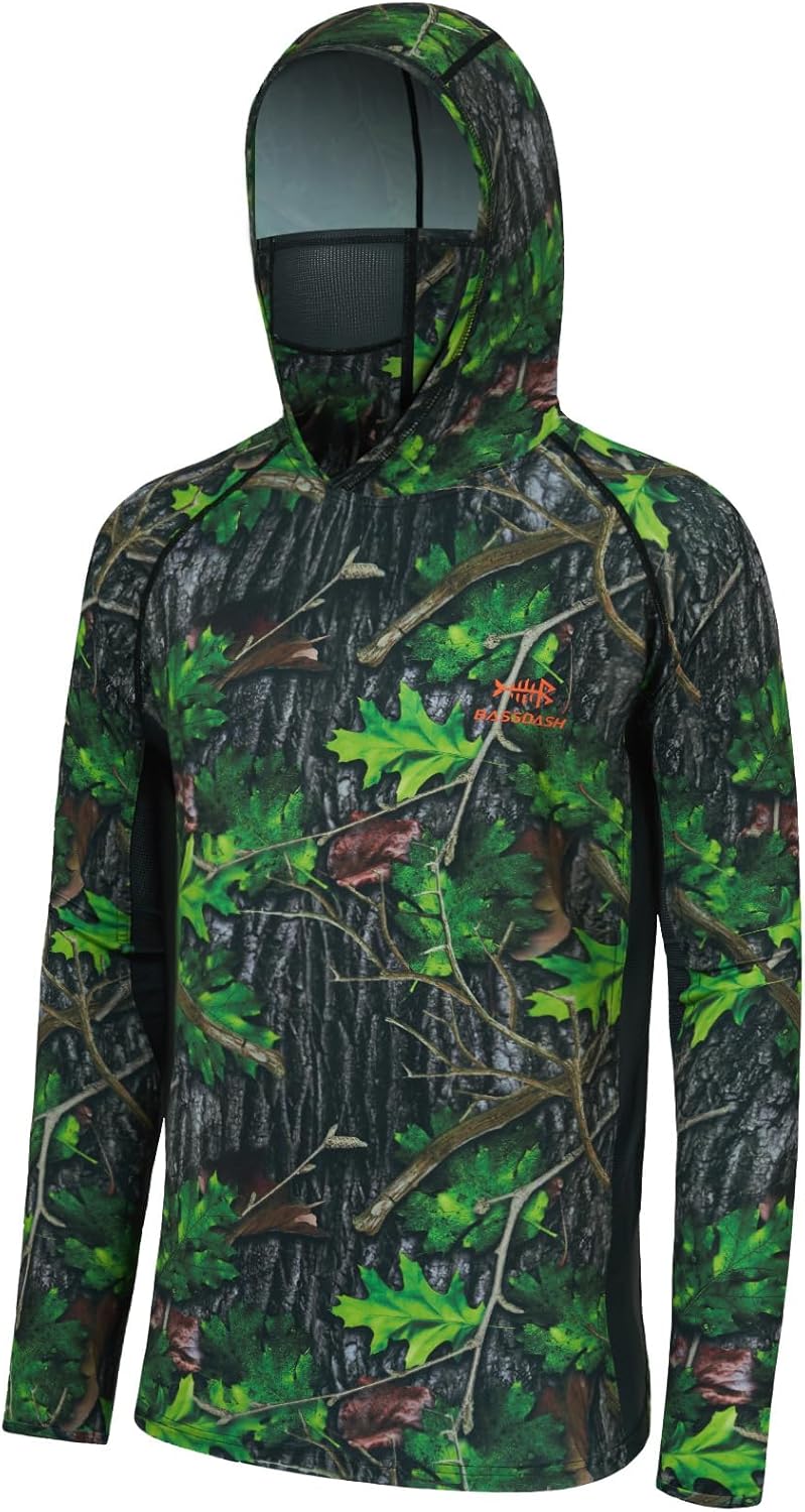 BASSDASH UPF 50+ Men’s Hunting Shirts with Mask Long Sleeve Camo Fishing Hoodie Green Leaves Small