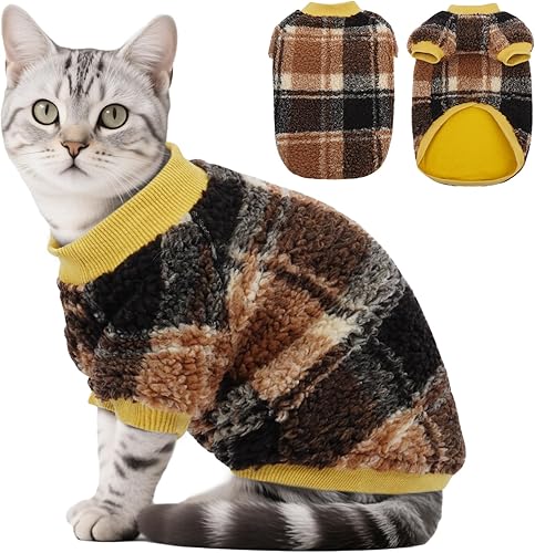 DENTRUN Cat Sweater Winter Clothes - Plush Fleece Coat with Cotton Lining, Anti-
