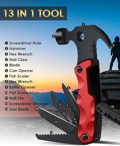 Miniatura 3 de Regalos para el día del padre de hija e hijo, accesorios de campamento multiherramienta, martillo de supervivencia 13 en 1, accesorios geniales de