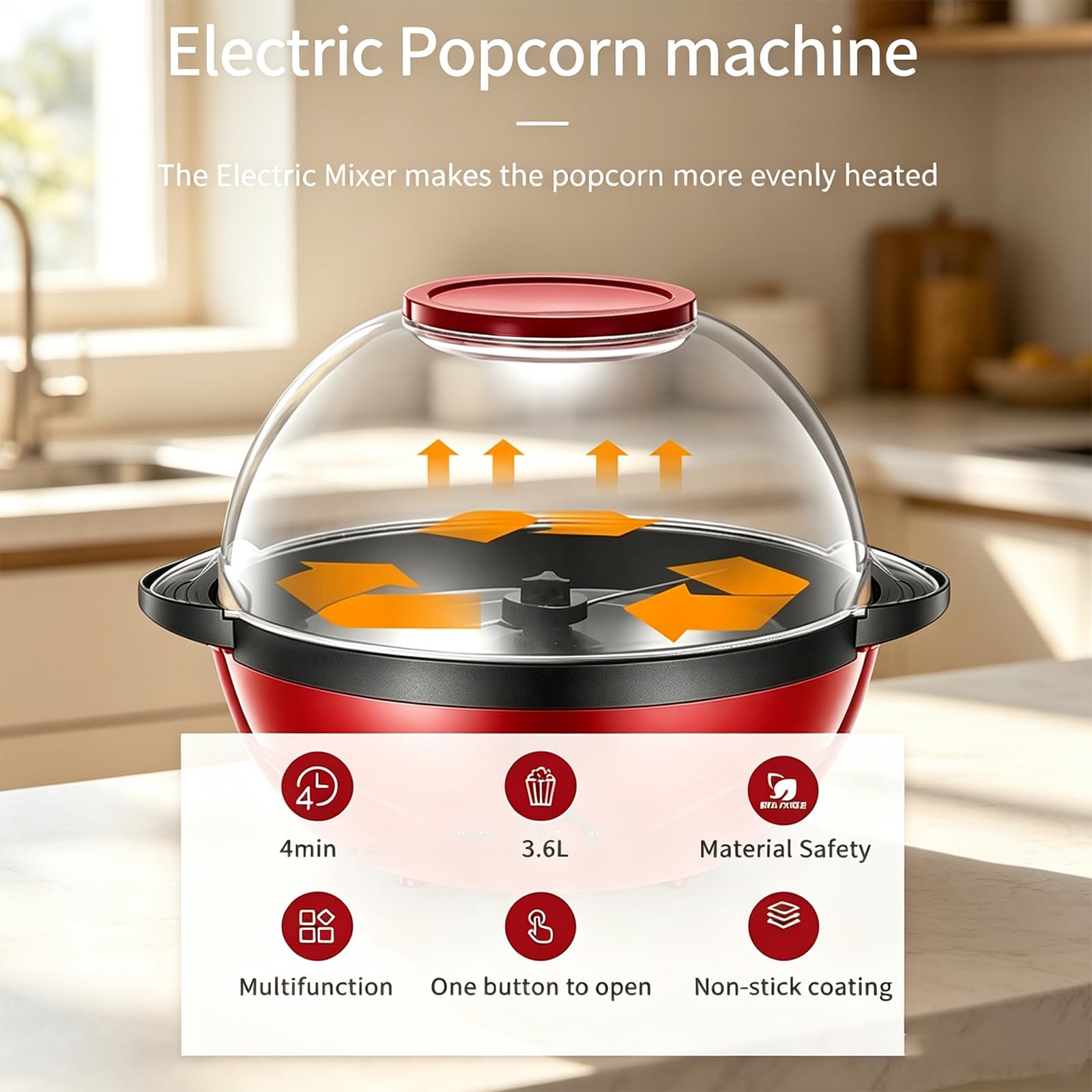 Elektryczny wyrzutnik popcornu 850W, sterowanie jednym przyciskiem | Maszyna do popcornu o dużej pojemności 3,6L z wbudowaną mieszadłem, nieprzywierającą patelnią
