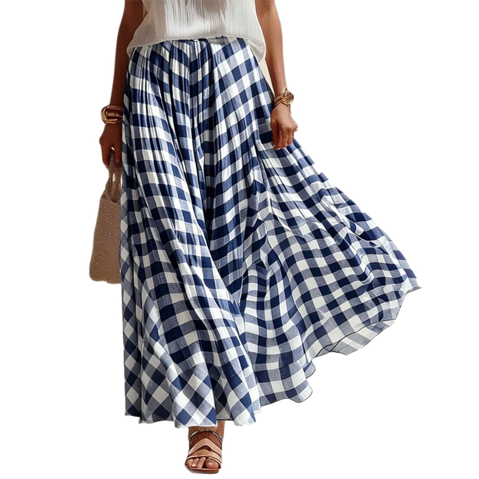 Boho Skirts for Women Midi Length Loose Fit Plaid Long Flowy Elastic Waist A-Line Skirt Summer Casual Beach Vacation