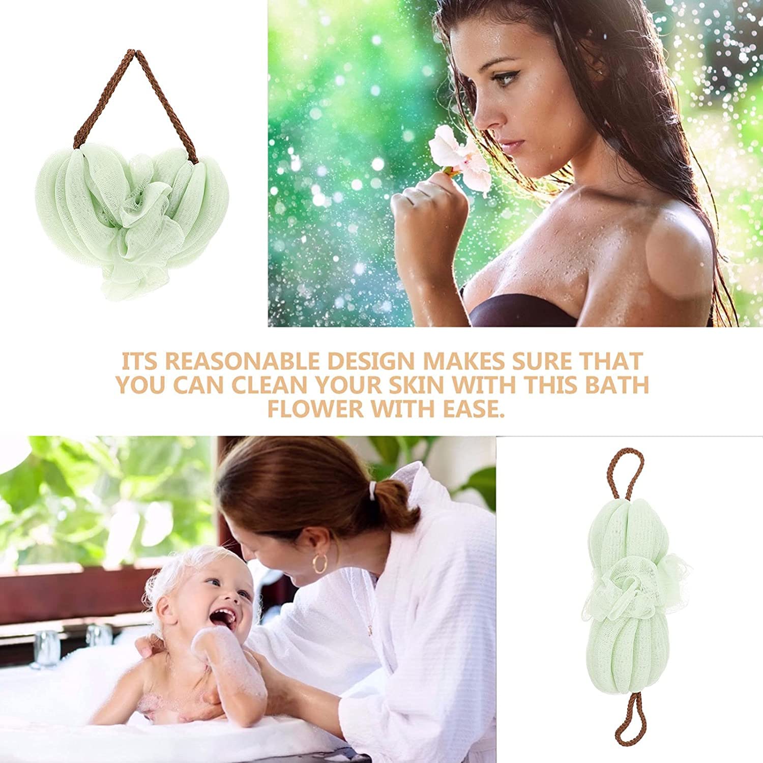 AKAZI 2 esponjas de Ducha de baño de Malla de lufa para Ducha, Bola de Ducha, Exfoliante Corporal, carbón Suave, Exfoliante Corporal con cordón para exfoliar la Piel, Verde (Azul) (Verde)