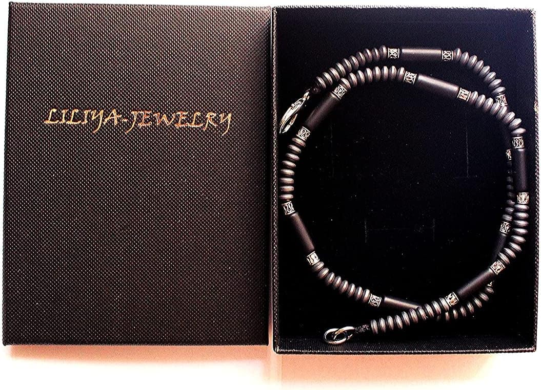 Liliya Jewelry Men’s Black Onyx Choker Necklace - 20 Inch Short Beaded Surfer Collar - Hematite & Tibetan Silver Spacers - Tribal Boho Minimalist Jewelry for Him