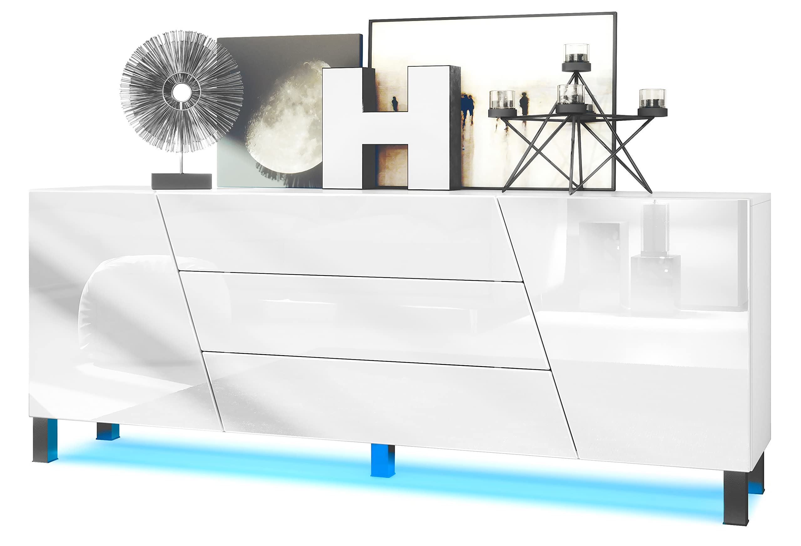 Vladon sideboard Houston, chest of drawers with 2 doors and 3 drawers, body white matt, fronts white high gloss, incl. LED-lighting (178 x 69,5 x 38,5 cm)