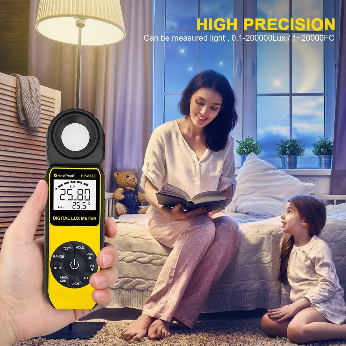 HOLDPEAK Digital Light Meter, Digital Illuminometer/Light Meter with 1~300,000 Lux (1~30,000 FC) Measuring Ranges and 270° Rotated Sensor for LED Lights and Plants Lumen Meter, HP-881E