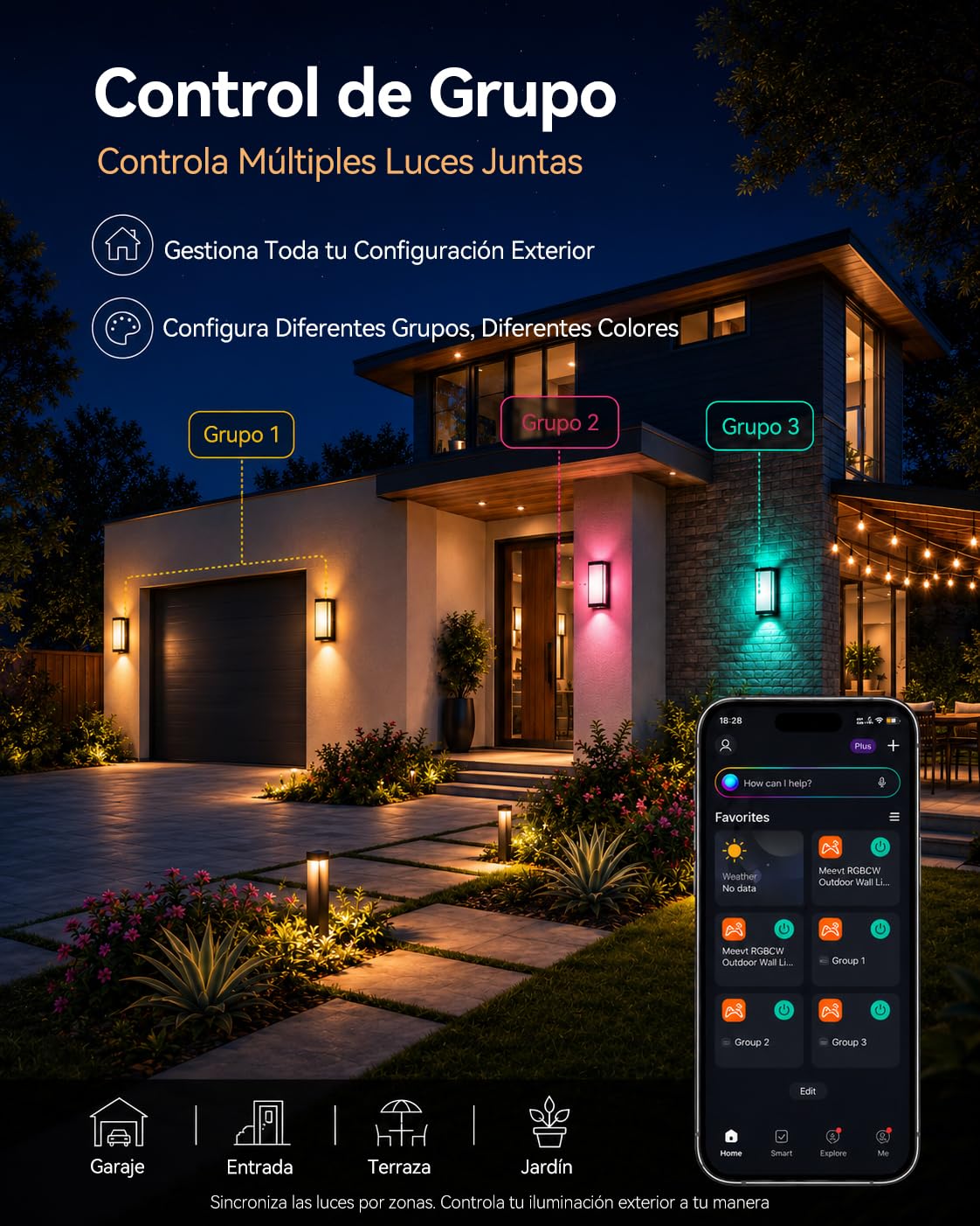 Meevt Lampara Exterior Pared Inteligente RGBCW, Luz Exterior LED - 1 Unidad | 1800LM, Iluminación de 3 Caras, IP65 Impermeable, Compatible con Alexa y Google Assistant, Porche Garaje Interior Exterio