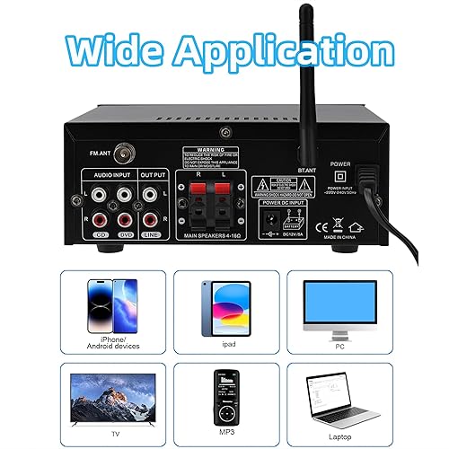 Miniatura 3 de Amplificador de audio 800W, amplificador estéreo para el hogar con 2 canales, RMS 60Wx2, Bluetooth 5.0, mini amplificador HiFi con eco, micrófono,
