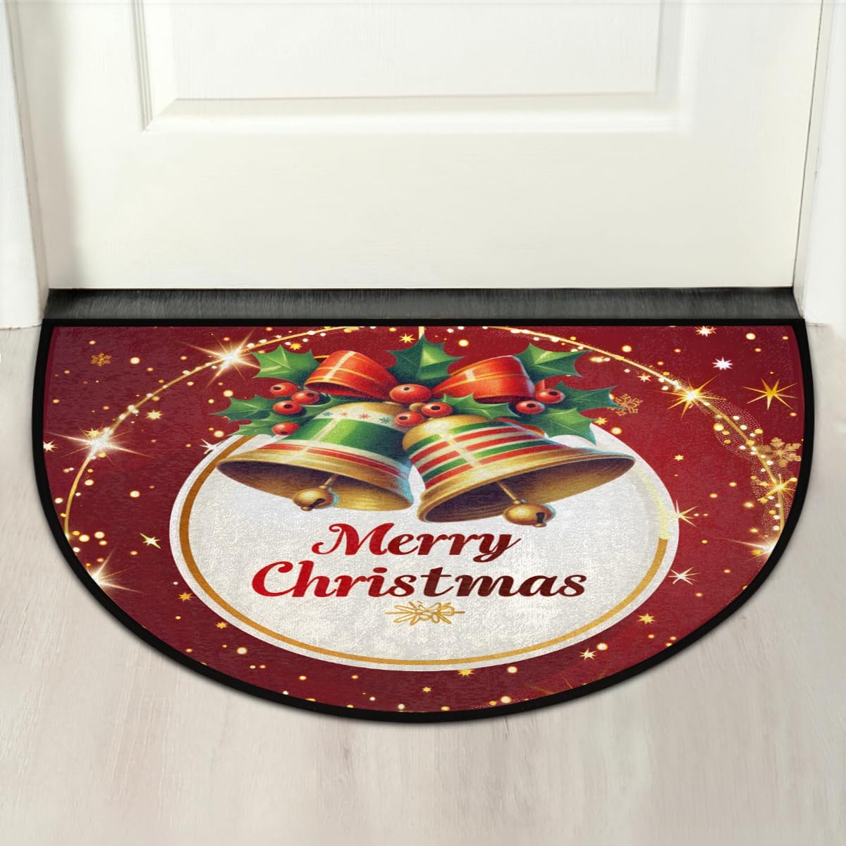 cfpolar Half Round Door Mat Christmas Balls Xmas Bows Non-Slip Semi Circle Area Rug Washable Semi Circle Floor Rug for Indoor Outdoor Living Room Bathroom Kitchen Patio Hearth Rugs Home Decoration